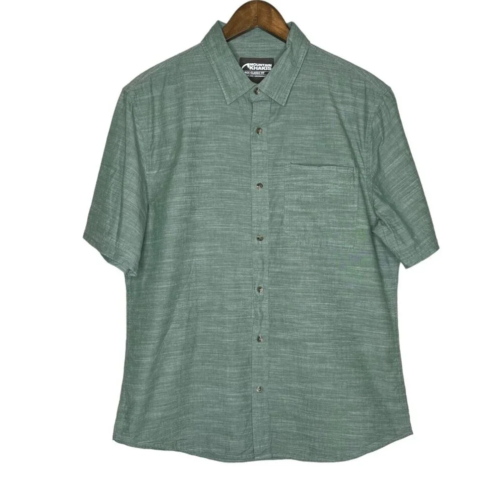 Mountain Khakis Green Button Down Phelps Short Sleeve‎ Organic Cotton Size Large
